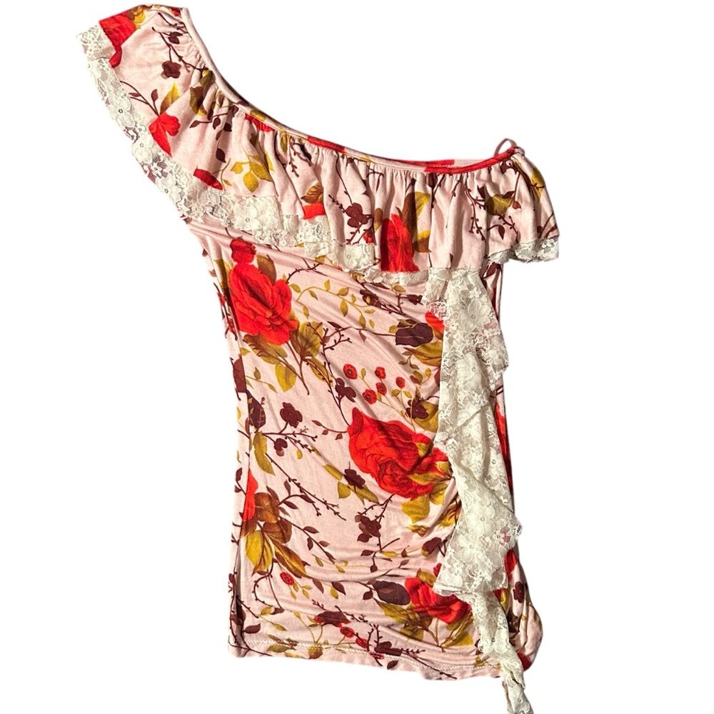 BUI-YAH-KAH Women’s Floral One-Shoulder Top with Lace Trim
